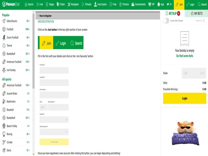 Регистрация в Premier Bet для игры в Hamster Mania